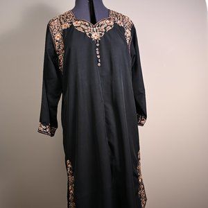Black caftan style long dress with brown and golden beige embroidery Size M/L